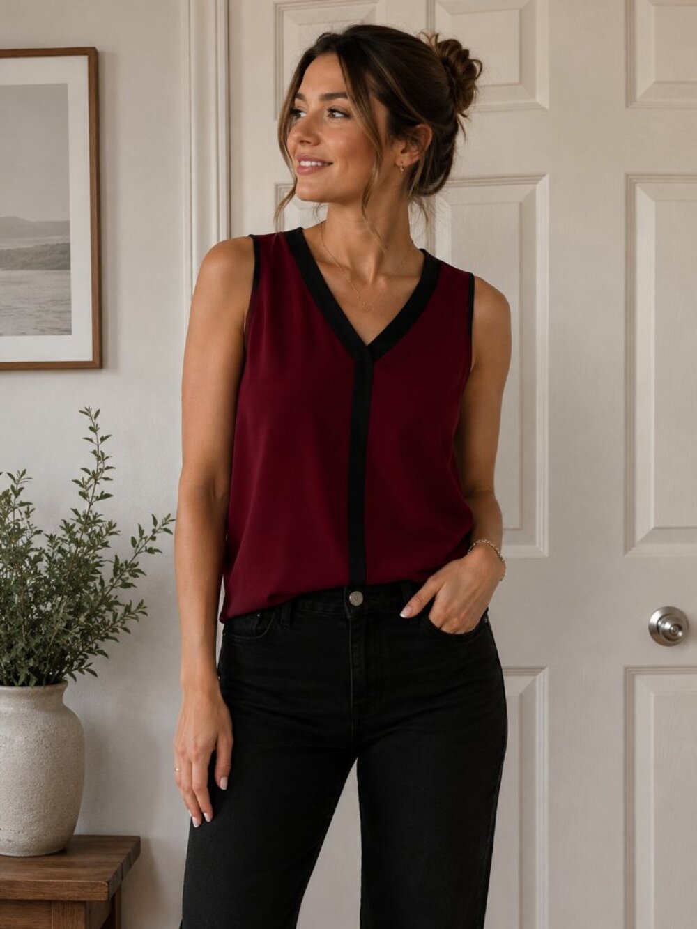 NIIA Sleeveless Burgundy Blouse with Black Stripe